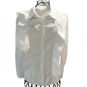 Women’s White Business Casual Shirt W/ Ruffle Sides. Size S/M. Like New.